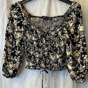 Almost Famous Women's 3/4 Sleeve Mini Cinched Floral Print Tie Front Blouse Sz L